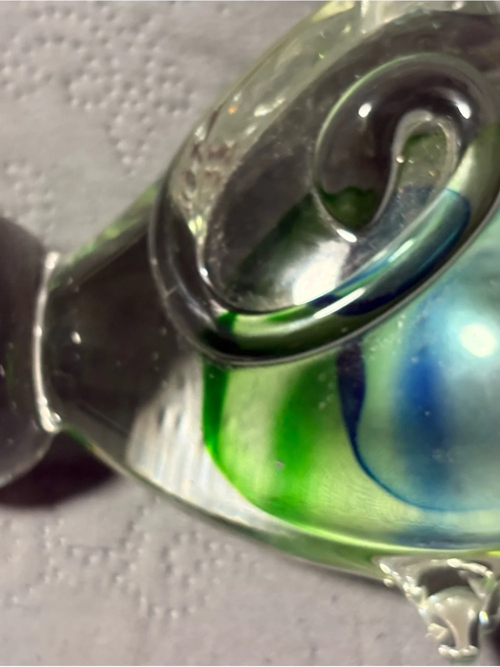 Clear Glass Cat Figurine with Green and Blue Swirl - Brand Unbranded